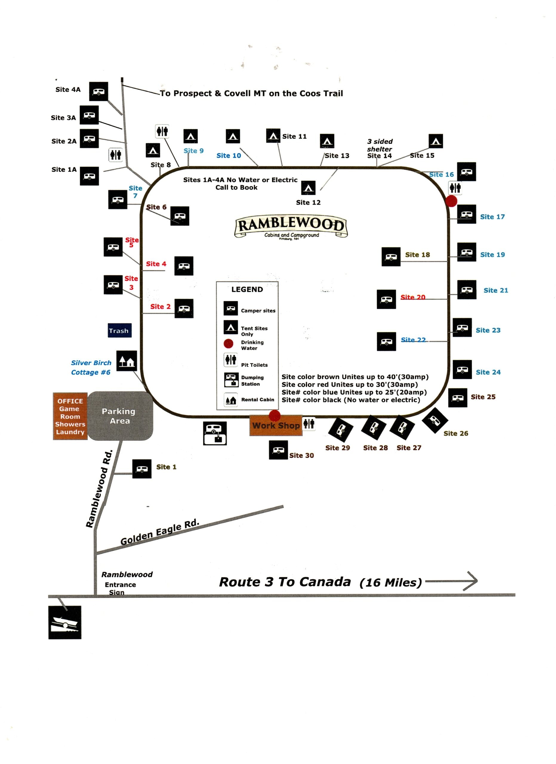 Ramblewood Campground layout map showing all campsites, tent sites, facilities, parking area, and road access