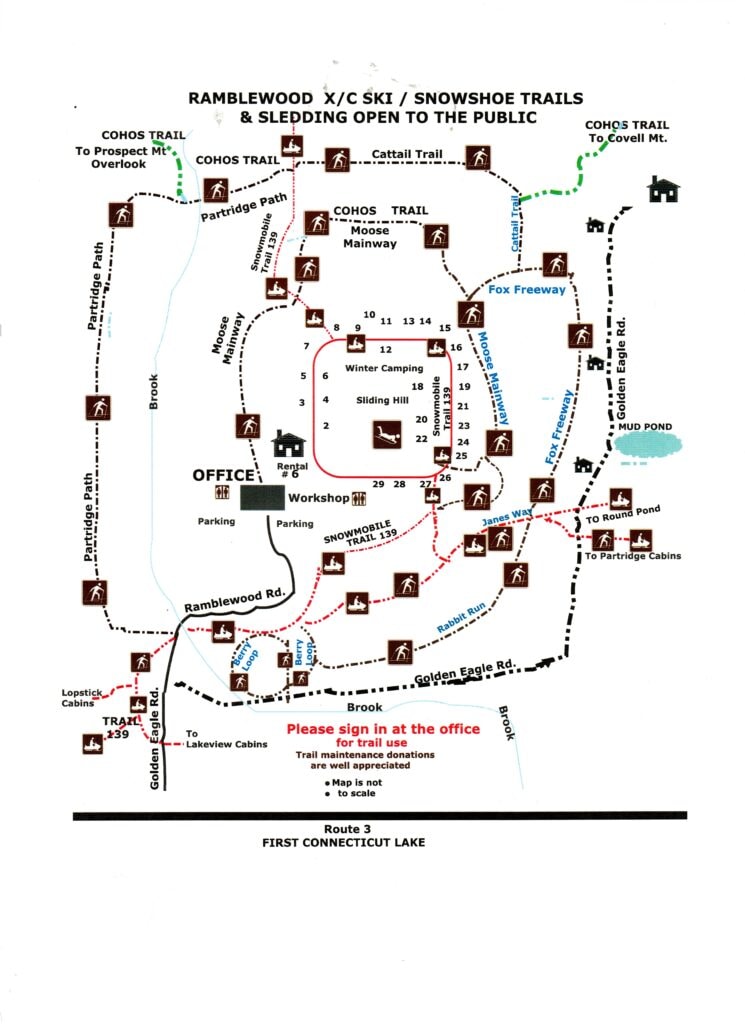 Map of Ramblewood X/C Ski, Snowshoe, and Sledding trails showing named routes, landmarks, and facilities