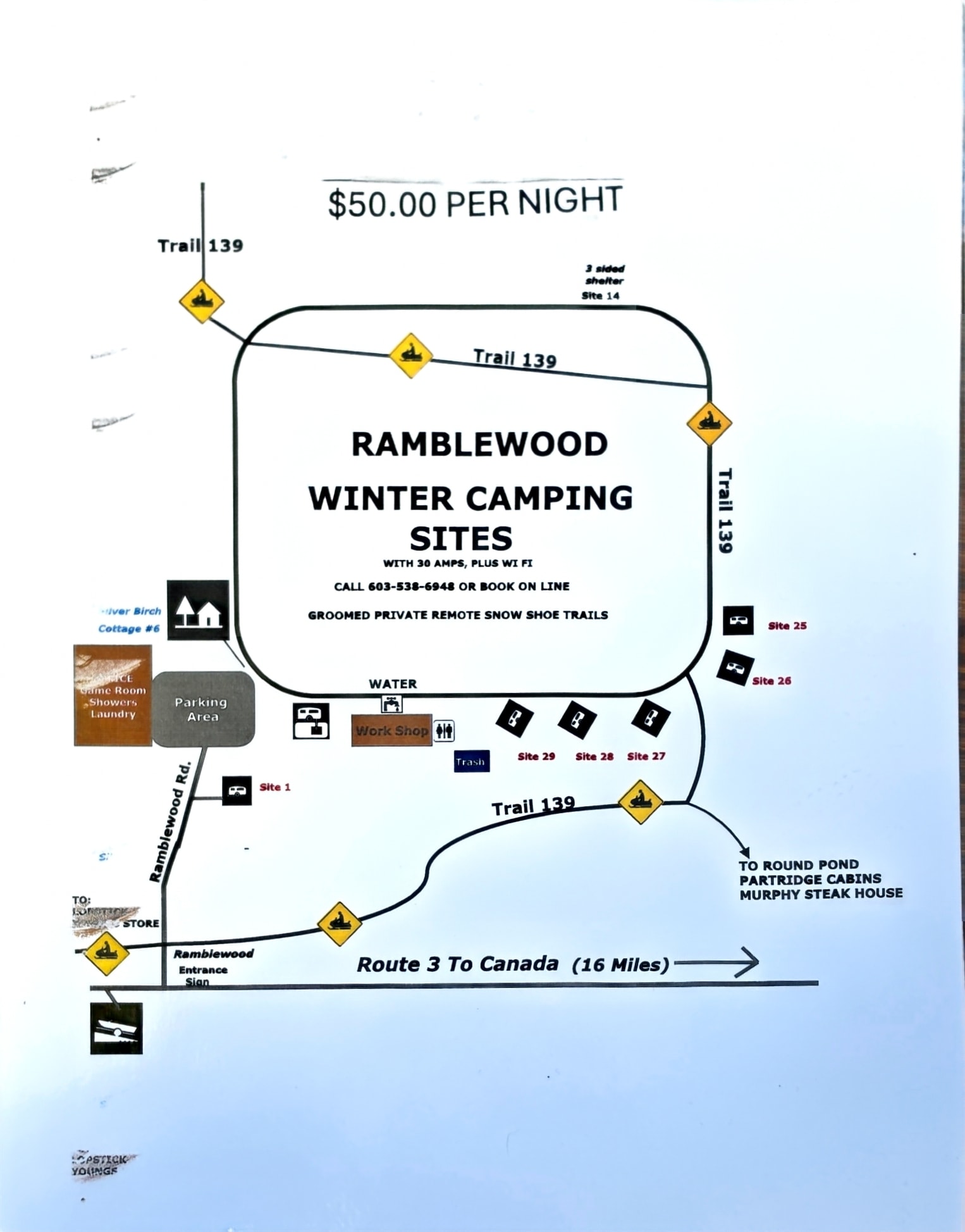 Hand-drawn map of Ramblewood Winter Camping Sites showing trail layout, site locations, and facilities