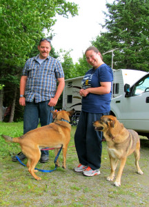 couple dogs camping trailer