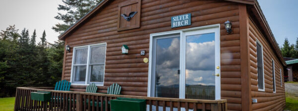 Silver Birch log cabin with deck and chairs